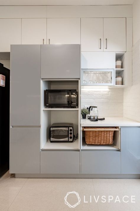 tall appliances u shaped kitchen Kitchen Ideas Contemporary, Stylish Kitchen Ideas, Statement Backsplash, Kitchen Exposed Brick, Simple Wooden Desks, Kitchen Tall Units, Small L Shaped Kitchens, Designs For Kitchen, White Tv Unit