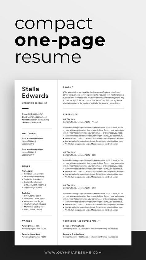 Get noticed and stand out with a compact, modern one-page resume template. With just the right balance of professionalism and creativity, your resume will reflect your individual style and make a lasting impression. Download your template now and start crafting the perfect resume to get the job of your dreams. Minimalist Cv Design, Modern Cv Design, One Page Resume Template, Resume Profile, Creative Cv Template, 2 Page Resume, Cv Words, Modern Cv Template, Modern Cv