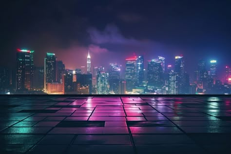 City Rooftop Aesthetic Night, Roof Top Design Ideas, Concrete Skyscraper, Neon Light City, Skyscraper Rooftop, Neon Architecture, Night City Background, City Texture, Rooftop Night