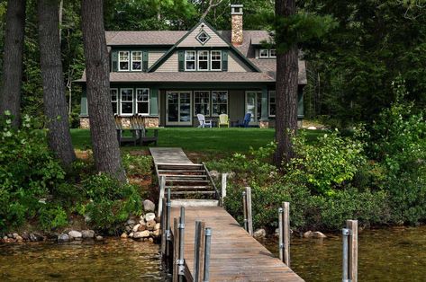 Beautiful New England cabin designed for relaxing lakeside getaways Shingle Style Architecture, Rustic French Country, Lake Cabin, Sliding Doors Interior, A Frame Cabin, Exterior Stone, Enjoy Summer, Cabin Design, Silver Lake