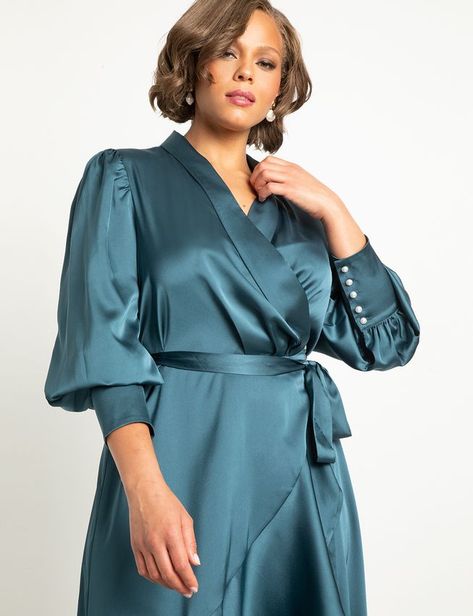 Bishop Sleeve Wrap Dress | Women's Plus Size Dresses | ELOQUII Fashionable Accessories, Bishop Sleeve, Other Outfits, Plus Size Dresses, Wrap Dress, Fashion Accessories, Satin, Plus Size, Womens Dresses