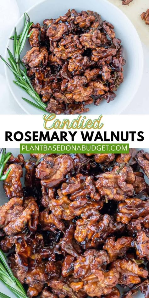 Enjoy this Sweet Rosemary Walnuts snack or as a topping on your favorite salads and desserts. It's the absolute best! #plantbasedonabudget #rosemary #walnuts Hungryroot Recipes, Carmelized Walnuts, Candied Rosemary, Candied Walnut Recipe, Caramelized Walnuts, Spiced Walnuts, Apple Dump Cakes, Walnut Recipes, Roasted Walnuts