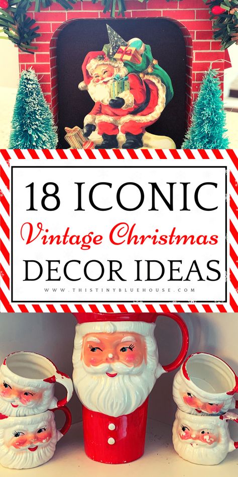 Vintage Christmas Gifts Ideas, Retro Vintage Christmas Decor, Vintage 50s Christmas Decor, Retro Christmas Gifts, Nostalgic Christmas Decor Ideas, Retro Christmas Mantle Ideas, Vintage Christmas Gift Ideas, Vintage Christmas Dishes, Diarama Ideas Dioramas Vintage Christmas