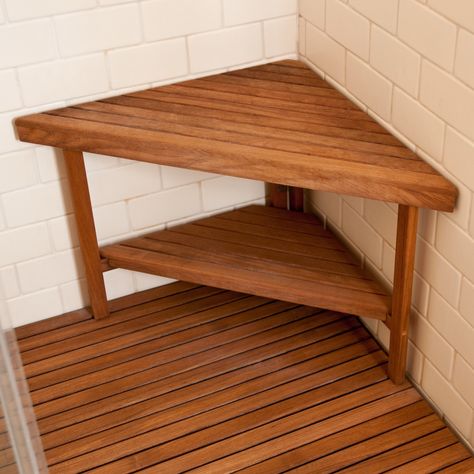 Teakworks4u Deluxe Teak Corner Shower Bench with Optional Shelf ... Teak Shower Mat, Corner Shower Bench, Teak Shower Seat, Teak Bathroom, Teak Shower Bench, Corner Bench, Teak Bench, Shower Seat, Small Showers