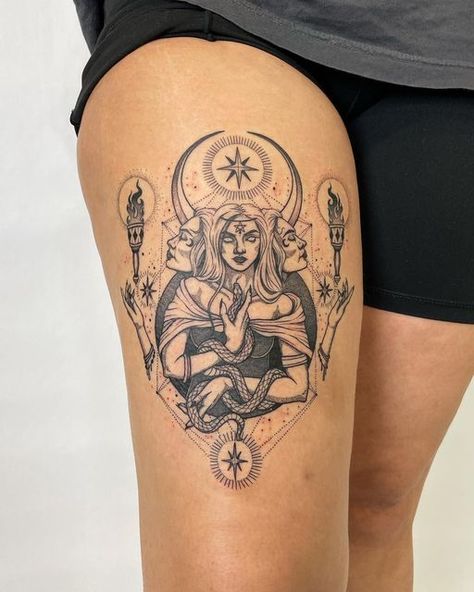 - P H I A - on Instagram: "Hecate Goddess of magic ✨ Thank you, Erin! This one was so fun! #hecate #blackworktattoo #dotworktattoo #nyctattoo #witchytattoo #mythologytattoo" Powerful Goddess Tattoo, Hekate Tattoo Ideas, Lilith Tattoo Goddesses, Hekate Tattoo Triple Goddess, Hekate Tattoo, Triple Goddess Tattoo, Lilith Tattoo, Goddess Of Magic, Hecate Goddess