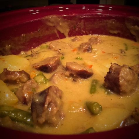 Cheesy Brat Stew for the Slow Cooker | "This is a delicious stew! Easy to make and wonderful to eat. Great for those chilly days watching football games." #recipe #football Brat Recipes, Sour Kraut, Brat Sausage, Brats Recipes, Crock Pot Soups, Bratwurst Recipes, Cajun Sausage, Soup Appetizers, Creamy Potato Soup