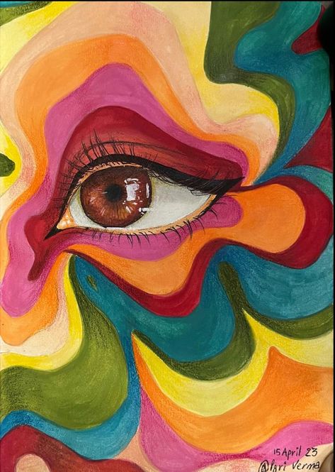 Watercolor Art Surrealism, 70s Art Style, Room Painting Ideas Aesthetic, Art Themes Ideas, Eye Painting On Canvas, Beginner Art Ideas, Realistic Painting Ideas, Canvas Doodles, Painting Ideas Colorful