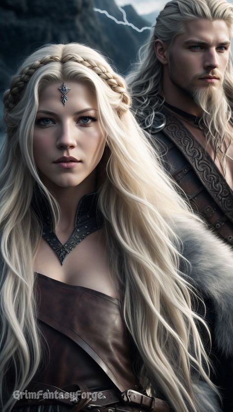 ⚔️Viking woman with one men, leather clothes, one man long white hair, warrior makeup, braided blonde hair, other man brown hair handsome look⚔️ #Vikings #FantasyDesign #EpicFantasyAi #RPGPortrait #AiArt #FantasyArt #CoupleVikingo White Hair Warrior, Man Brown Hair, Braided Blonde Hair, Viking Couple, Viking Warrior Men, Warrior Makeup, White Hair Men, Werewolf Books, Long White Hair