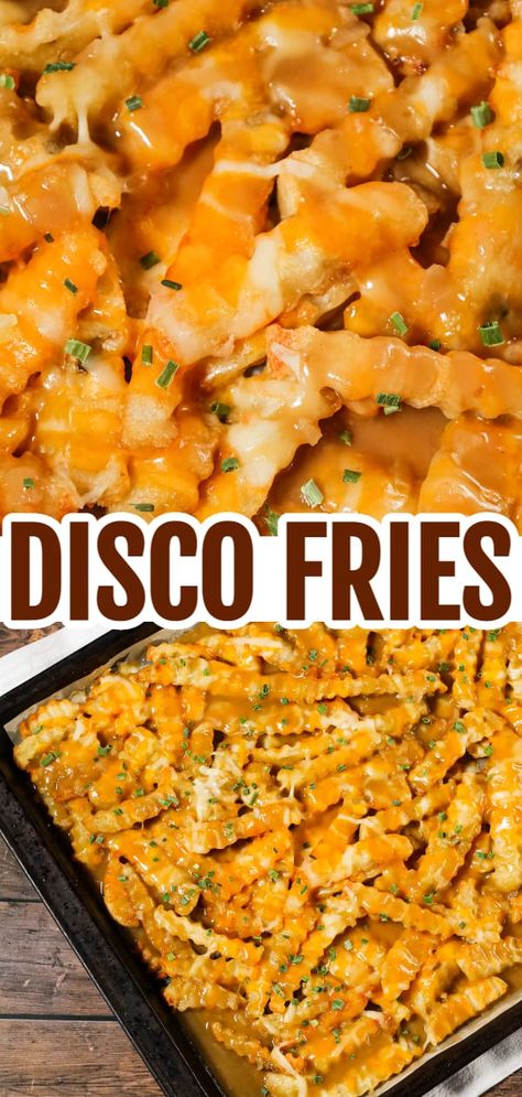 Disco Fries are an easy side dish recipe made with French fries and loaded with melted cheese and gravy. Cheesy Steak Fries, Frozen Fries Recipe, French Fry Recipe Ideas, Disco Fries Recipe, Cheese French Fries, French Fries With Cheese, Garlic French Fries, French Fry Casserole, Disco Fries