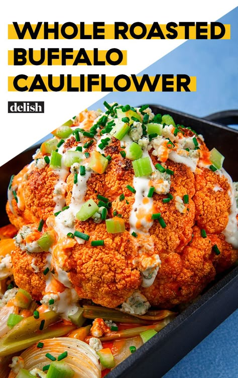 Think of whole roasted cauliflower as the vegetarian version of roast chicken. #buffalo #cauliflower #roasted #veggies #vegetarian #hotsauce #spicy #easy #crispy Buffalo Cauliflower Meal, Roasted Buffalo Cauliflower, Whole Cauliflower, Vegan Cauliflower Recipes, Buffalo Cauliflower Recipes, Cauliflowers, Roasted Cauliflower Recipes, Carb Sides, Buffalo Cauliflower Bites