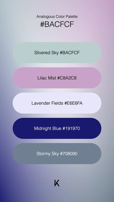 Analogous Color Palette Silvered Sky #BACFCF · Lilac Mist #C8A2C8 · Lavender Fields #E6E6FA · Midnight Blue #191970 · Stormy Sky #708090 Silver Colour Combination, Cute Color Palettes, Analogous Color Palette, Sky Color Palette, Silver Color Palette, Analogous Color, Pale Moon, Hex Color Palette, Stormy Sky