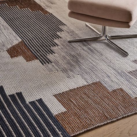 Colca Wool Rug | West Elm Black And Brown Rug, Cow Hide Rug Living Room Modern, Grey Couch Rug Ideas, Masculine Rug, Colca Wool Rug, Cowhide Rug Living Room Modern, Contemporary Moodboard, Country Mouse City Mouse, Boho Modern Bedroom