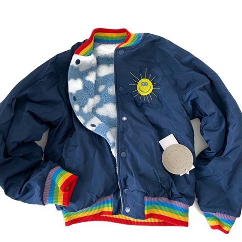 Stella Mccartney Size 12 New With Tags Reversible Bomber Jacket Snap Closure Embroidered Sun On Navy Blue Side Of Jacket Rainbow Stripe Detail At Bottom Of The Jacket, Sleeve Cuffs And Collar. Bin E Smiley Face Jacket, Male Kidcore Outfits, Primary Color Fashion, Color Block Varsity Jacket, Fun Mens Fashion, Lovecore Fashion Men, Kidcore Fashion Men, Coraline Fashion, Mens Fashion Colorful