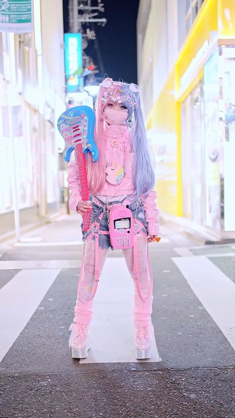 Neo Tokyo Fashion, Harajuku Girl, Neo Decora Style, Japanese Pink Outfit, Neo Tokyo Aesthetic Clothes, Purple Harajuku Style Halloween Costume, Pink Harajuku Style Costume With Anime Print, Pink Harajuku Style Costume Accessories For Cosplay, Japanese Street Fashion Harajuku