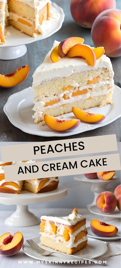 Transport yourself to a summer paradise with our irresistible Peaches and Cream Cake! This divine dessert boasts layers of moist vanilla cake filled with creamy frosting and juicy peaches, creating a symphony of flavors in every bite. Perfect for picnics, parties, or simply indulging in a slice of sunshine, this cake is sure to become a favorite recipe in your collection. Dive into summer bliss with our Peaches and Cream Cake today! Peaches And Cream Cake Recipe, Peaches And Cream Cake, Ms Recipes, Cream Cake Recipe, Golden Cake, Fluffy Cake, Cream Cheese Topping, Cake Base, Juicy Peach