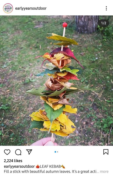 Great outdoor autumn activity for kids: A Leaf Kebab! Get them to find as many different colours and kinds of leaves as possible. Autumn Eyfs Activities, Autumn Eyfs, Autumn Activity, Outdoor Learning Activities, Forest School Activities, Kindergarten Art Projects, Eyfs Activities, Fall Arts And Crafts, Nature School