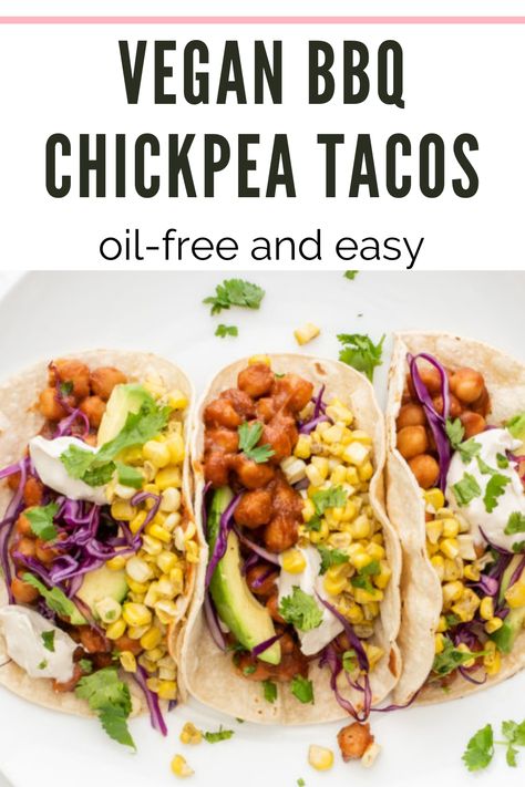 BBQ chickpea tacos are an easy oil-free dinner or lunch recipe. #vegandinner #wfpbdinner #wfpb #oilfree #plantbased #glutenfree #vegetarian #vegandinneridea Bbq Chickpeas, Tacos Vegan, Chickpea Tacos, Vegetarian Bbq, Eating Vegan, Vegan Lunch Recipes, Vegan Bbq, Easy Bbq, Healthy Tacos