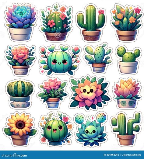 Kawaii Plants, Bujo Succulent Theme, Plant Stickers Printable, Aesthetic Plant Stickers, Cute Plant Stickers, Cactus Vector, Succulents Stickers, Cactus Stickers, Kawaii Stickers