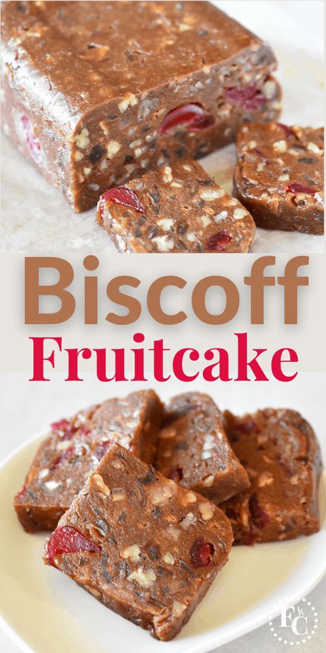 Do you love Biscoff? Then you will love this icebox fruitcake recipe featuring Biscoff cookies. Filled with your favorite fruit and nuts, it is like a fruitcake and a candy. Icebox Fruit Cake Recipe, Icebox Fruitcake, Sunday Desserts, Special Deserts, Gingerbread Cookie Mix, Fruit Breads, Boiled Fruit Cake, Food Essentials, Fruit Cake Recipe Christmas