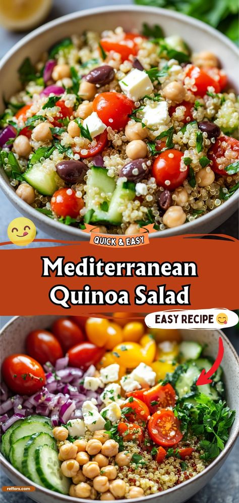 Quinoa Salad Recipes Mediterranean, Greek Salad Quinoa, Mediterranean Quinoa Salad With Chicken, Greek Salad Lunch, Mediterranean Chickpea Quinoa Salad, Quinoa Protein Salad, Mediterranean Diet Recipes Lunch Healthy, Health Work Lunch Ideas, Quinoa Feta Salad Recipes