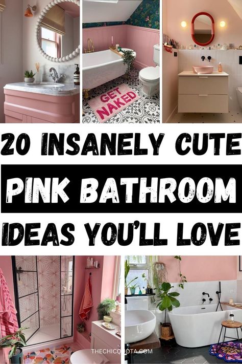 pink bathroom Pink White And Grey Bathroom, Pink White And Gold Bathroom Ideas, Painted Pink Bathroom, Bathroom Decor Feminine, Girly Bathroom Inspiration, 70s Pink Bathroom Remodel, Pink White Bathroom Ideas, Pink And Olive Green Bathroom, Pink Powder Room Small Bathrooms