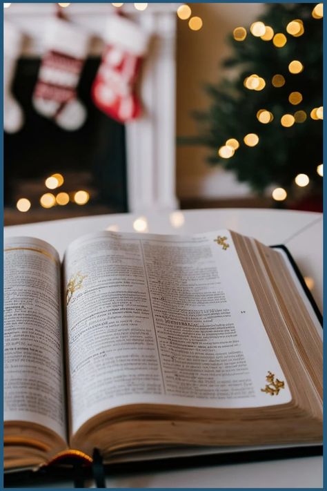 Open Bible on a table with a blurred Christmas tree and stockings in the background. Bible Quotes Christmas, Christian Christmas Aesthetic, Christmas Scripture Verses, Christmas Bible Quotes, Christian Christmas Quotes, Inspiring Bible Quotes, Uplifting Bible Quotes, Bible Christmas, Bible Decor