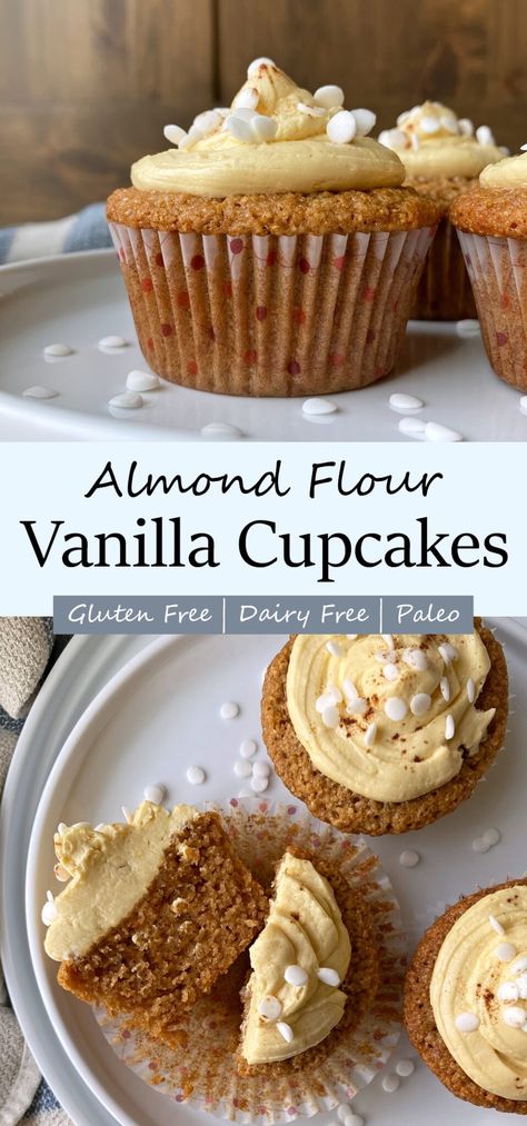 Paleo Vanilla Cupcakes, Cupcake Healthy Recipe, Vanilla Almond Cupcakes, Almond Flour Cupcake Recipes, Healthy Cupcakes Clean Eating, Healthy Vanilla Cupcakes, Almond Flour Cupcakes, Paleo Cupcakes Recipes, Grain Free Cupcakes