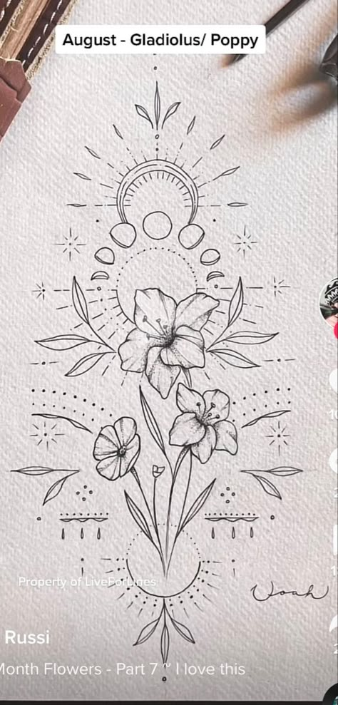 Dainty Flowers Drawing, August Flower Drawing, August Gladiolus Tattoo, August Birth Month Flower Tattoo, August Birth Tattoo, Gladiolus And Poppy Tattoo, August Tattoo Ideas, Gladiolus Flower Tattoo, August Birth Flower Tattoo