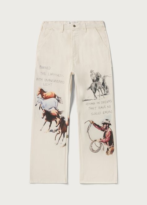 Fort Courage Painter Pants | Canvas | A Fantasy | One Of These Days Cloth Pants, Men 2024 Fashion, Embroidered Pants Men, Graphic Clothing, Man Pants, Streetwear Graphics, Coachella Style, Artistic Fashion, Hand Painted Pants