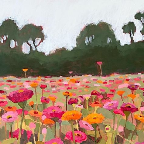 Melanie Morris Art™ on Instagram: "A flower field will always stop me in my tracks especially if it’s a zinnia or sunflower field.

This painting was inspired by a photo I took in south Alabama. I love it when there is a strong dark like trees behind the zinnias. That dark really makes the flowers stand out especially the taller ones in the back of the field. So if you see a good flower field in central Alabama this summer please let me know! 😊

PS- And if you want to paint flowers from life, join me in Fearless Florals®! This online course opens once a year and is opening for enrollment on Tuesday! More soon!🌸

#melaniemorrisart #flowerpainting #flowerfield" Flower Fields Painting, Melanie Morris, Flowers Stand, South Alabama, Paint Flowers, Sunflower Field, Sunflower Fields, Flower Stands, Flower Field