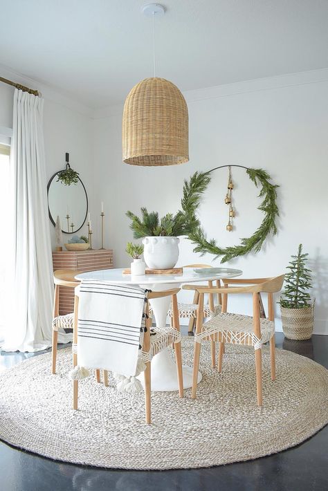 How To Make A Holiday Circle Wreath   A Christmas Dining Room Tour Round Dining Room Rug, Circle Dining Table, Dining Room Simple, Farm House Dining Room, Circle Wreath, Contemporary Decor Living Room, Boho Dining Room, Chic Dining Room, Christmas Dining Room