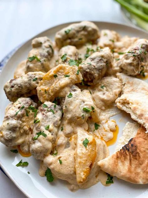 Kofta bil tahini - Ground Beef in a Citrus Tahini sauce - Fufu's Kitchen Kofta In Tomato Sauce, Kufta Bil Tahini, Meatballs For Spaghetti, Egyptian Rice, Tahini Recipes, Middle Eastern Recipes Arabic Food, Ramadan 2022, Kofta Recipe, Tahini Recipe