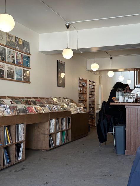 Cafe Shop Aesthetic Korean, Vinyl Records Coffee Shop, Music Themed Coffee Shop, Vinyl Cafe Aesthetic, Record Store Coffee Shop, Record Store Cafe, Record Shop Aesthetic, Aesthetic Records, Record Bar