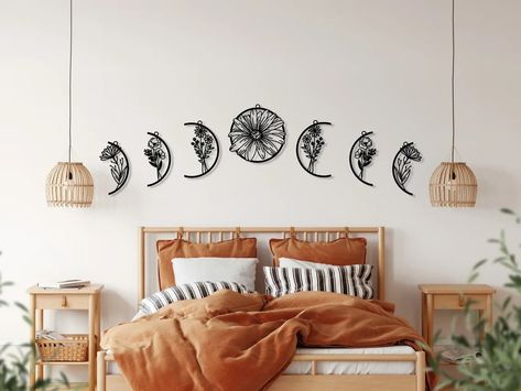 Decal Above Bed, Moon Phase String Art, Hobby Lobby Above Bed, Boho Industrial Living Room, Moon Bedroom, Eating Nook, Gold Metal Wall Art, Western Bedrooms, Windows Black