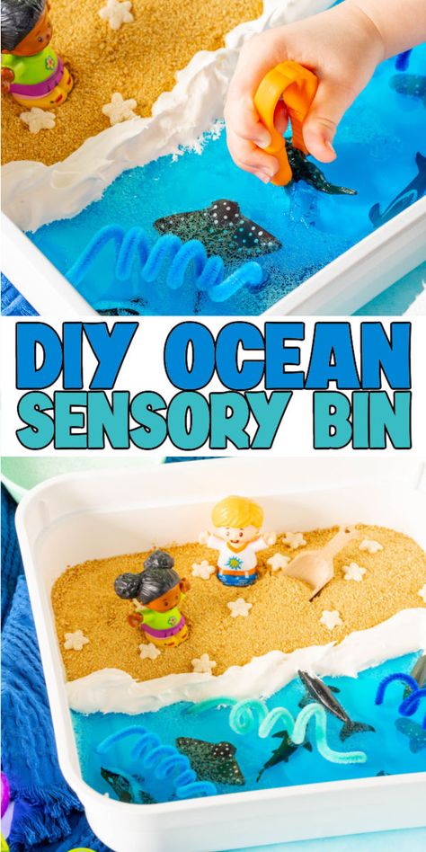 Edible Beach Sensory Bin, Diy Ocean Sensory Bin, Beach Theme Sensory Bin, Jello Ocean Sensory Bin, Summer Sensory Activities Preschool, Water Bead Sensory Bin, Summer Themed Sensory Bin, Sensory Bin Summer, Summer Sensory Bin Toddlers