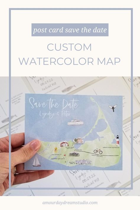 Lake Wedding Save The Date, Save The Dates Beach Wedding, Hometown Wedding, Montauk Wedding Invitations, Nantucket Wedding Invitations, Nantucket Save The Date, Beach Save The Date, Postcard Save The Date, Watercolor Save The Date