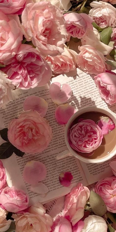 Pink Tea Aesthetic, Tea Pink Aesthetic, Aesthetic Tea Pictures, Pink Reading Aesthetic, Reading Aesthetic Pink, Pink Book Aesthetic, Pink Aesthetic Flowers, Ipad Themes, Books Inspiration