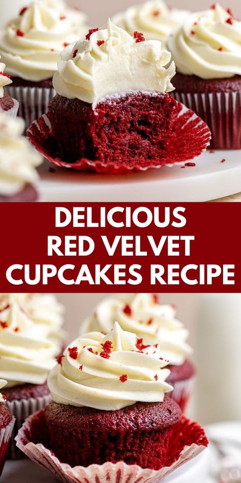 Bake rich and moist red velvet cupcakes with this simple recipe! These cupcakes have a soft, velvety texture, a hint of cocoa, and a creamy topping that makes them perfect for any event. Enjoy the delicious flavor and beautiful color of these red velvet cupcakes in every bite! Red Velvet Cupcakes Homemade, Red Vvet Cupcake, Red Velvet Cupcakes Frosting, Red Velvet Cake Cupcakes, Dessert In Cupcake Liner, Cupcake Recipes Dairy Free, Simple Red Velvet Cupcakes, The Best Red Velvet Cupcakes, Red Velvet Recipes Easy