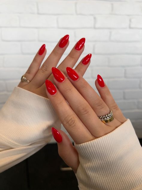 Red Nails Blonde Hair, Bright Cherry Red Nails, Red Nails Bright, Bright Red Christmas Nails, Red Ferrari Nails, Bright Red Almond Nails, Candy Red Nails, Hot Red Nails Design, Bright Red Nails With Design