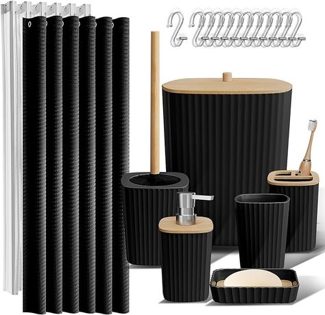 Black Bathroom Accessories Set: Incorporate black bathroom decor with our coordinated bathroom accessory set for bathroom organization. Our black bathroom set with natural bamboo accents create a stylish haven. Black Bathroom Sets, Bamboo Bathroom Accessories, Black Bathroom Accessories Set, Bathroom Vanity Accessories, Black Bathroom Decor, Black Shower Curtains, Bathroom Accessories Set, Bamboo Bathroom, Bathroom Trash Can