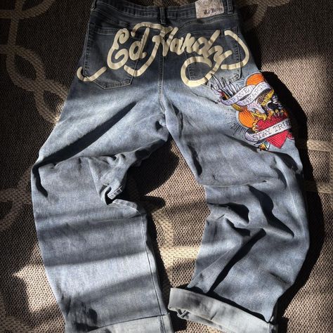 Ed Hardy baggy jeans with a distressed look #y2kstyle - Depop Navy Jeans, Ed Hardy, Baggy Jeans, Y2k Style, Sweater Skirt, Sweatshirt Shirt, Jeans Pants, Jean Shirts, Casual Pants