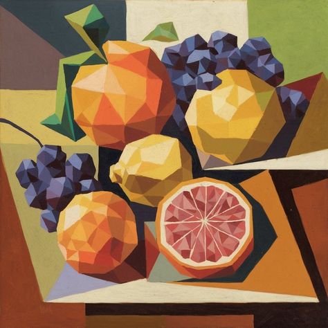 In this still life composition with fruit in a cubist style, the artist skillfully uses sharp, geometric shapes to depict the various fruits. The bold lines and angles create a dynamic and modern interpretation of the traditional subject matter. #CubistArt #GeometricShapes #StillLife #FruitComposition Food Triangle, Still Life Composition, Still Life With Fruit, Lines And Angles, Cubist Art, Still Life Fruit, Shirt Graphics, 2d Design, Still Life Drawing