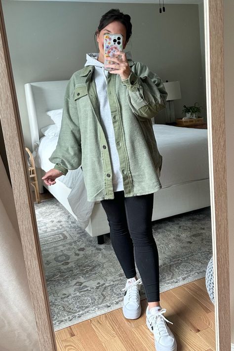 Shacket, fall fashion, fall outfit, casual fall outfit Rust Shacket Outfit, Shacket Outfit Leggings, Olive Shacket Outfit, Fall Leggings Outfit For Work, Green Shacket Outfit, Oversized Shacket Outfit, Cold Outfits For School, Shacket Outfits, Lazy Fall Outfits