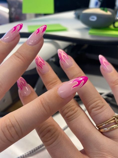 Pink Flame Nails Almond, Flame Tip Nails Almond, Fire Pink Nails, Hot Pink Nails Flames, Pink Fire Nails Designs, Neon Pink Flame Nails, Pink Flame Nails Acrylic, Monochromatic Pink Nails, Nail Designs With Flames