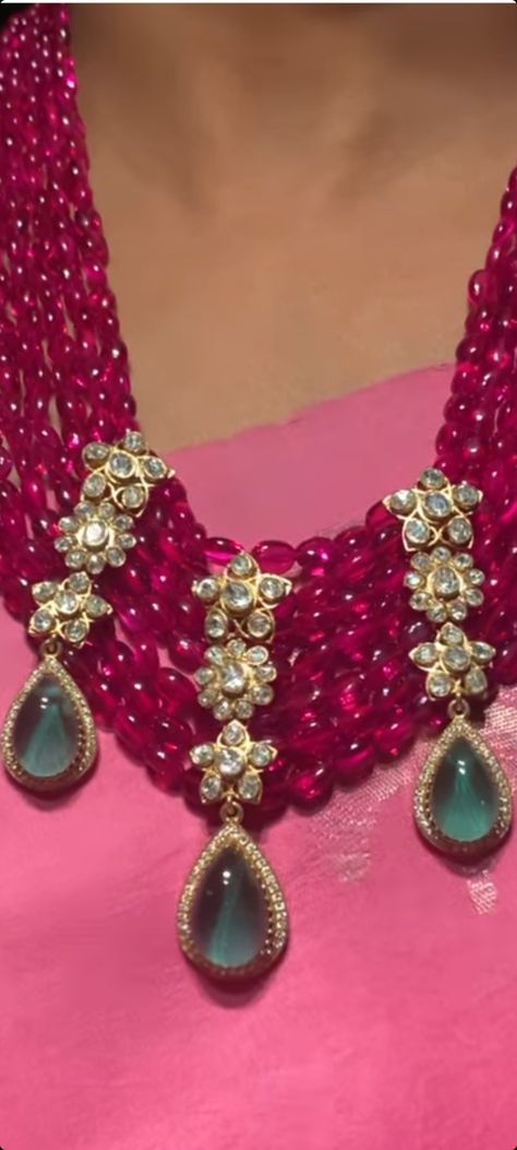 Bridal Polki Sets, Pink Beads Necklace Indian, Ruby Beads Mala With Pendant, Pink Beads Indian Jewellery, Corals And Pearls Jewellery, Coral Beads Jewellery, Beads Jewelry Indian Gold, Polki Pendants, Navratan Jewellery