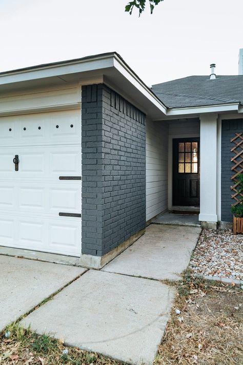 Gray Painted Brick House, How To Paint A Brick House, Grey Painted Brick House, Paint A Brick House, Gray Brick House Exterior, Grey Brick House Exterior, Grey Home Exterior, How To Paint Brick, Brick And Siding Exterior