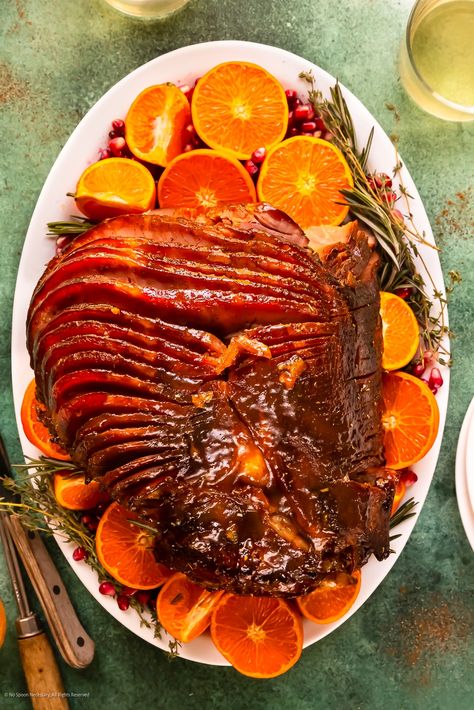 Orange Glazed Ham: Perfectly Sweet and Citrusy Ham Glaze! - No Spoon Necessary Orange Ham Glaze Recipe, Orange Ham Glaze, Ham Brine Recipe, Christmas Ham Glaze, Cherry Ham, Glazed Baked Ham, Ham Glazes, Ham Christmas, Cooking Spiral Ham