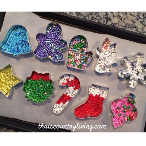 perler bead cookie cutter ornament. just 10 minutes in 400 deg oven. easy fun and fast! Melted Bead Crafts, Christmas Perler Beads, Bead Ornaments, Hama Bead, Christmas Crafts To Make, Kids Projects, Melting Beads, Beaded Christmas Ornaments, Diy Coasters