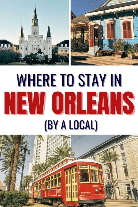 Colorful houses in Faubourg Marigny, The classic Instagram shot of St. Louis Cathedral, a red trolly in downtown New Orleans New Orleans Vacation, Louisiana Travel, New Orleans Hotels, Visit New Orleans, Best Boutique Hotels, New Orleans Travel, Budget Planer, Text Overlay, Usa Travel Destinations