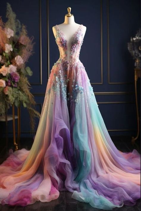 Cat’s gown I Don’t trilogy Non White Wedding Dresses, Rainbow Wedding Dress, Colored Wedding Dress, Gowns Elegant, Rainbow Wedding, Colorful Dress, Fantasy Dresses, Fantasy Gowns, Gowns Wedding